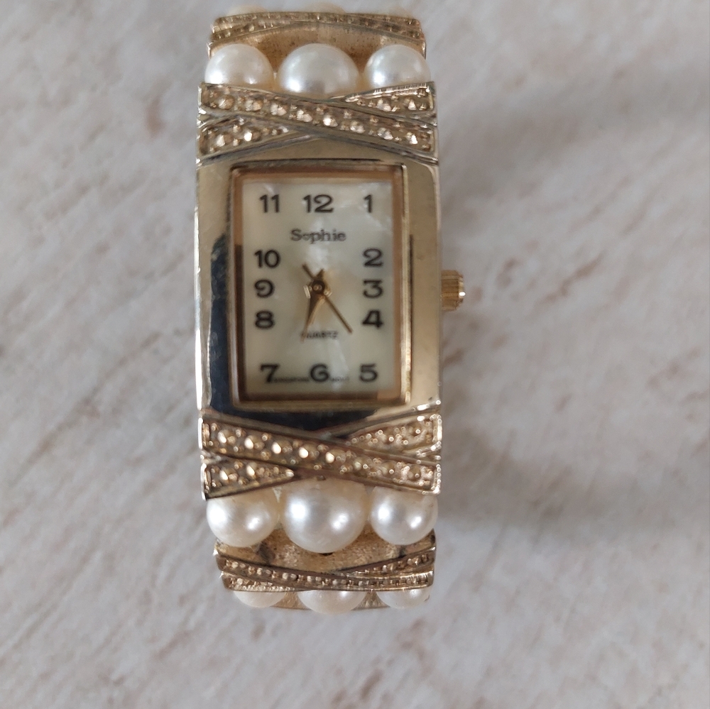 Sophie Pearl and Goldtone Cuff Watch, Vintage Estate Jewelry